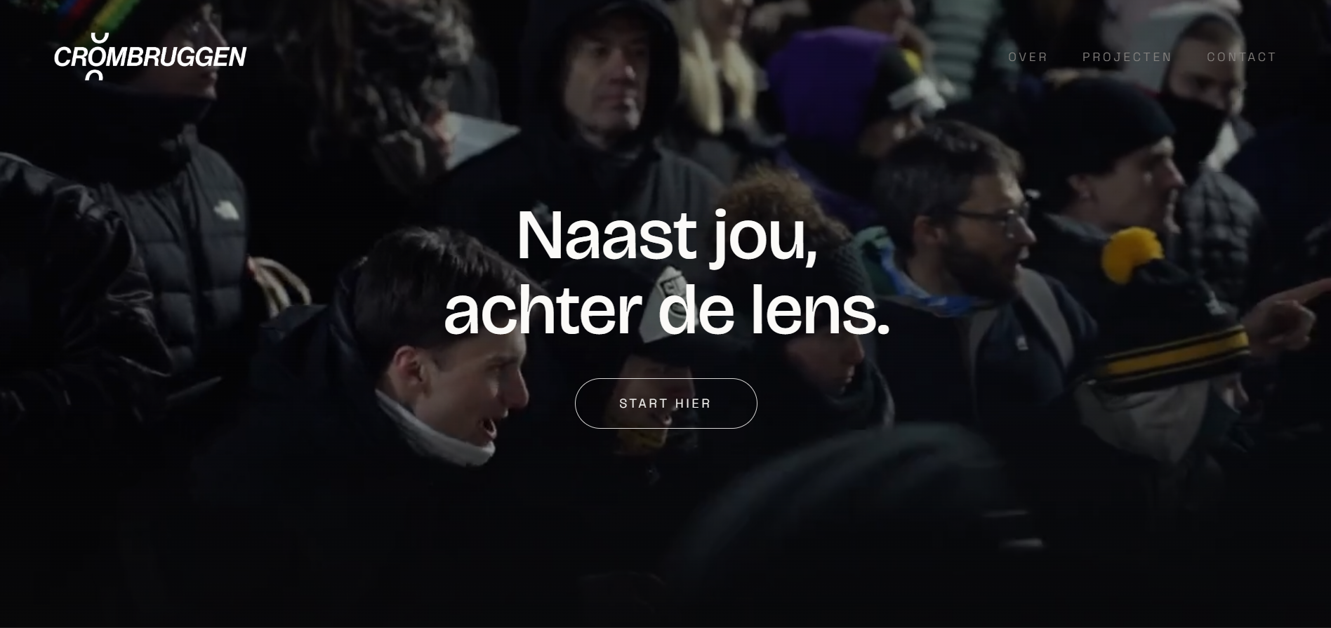 Website Crombruggen — lopende marquee met fotografie en videografie achter een portretkaart