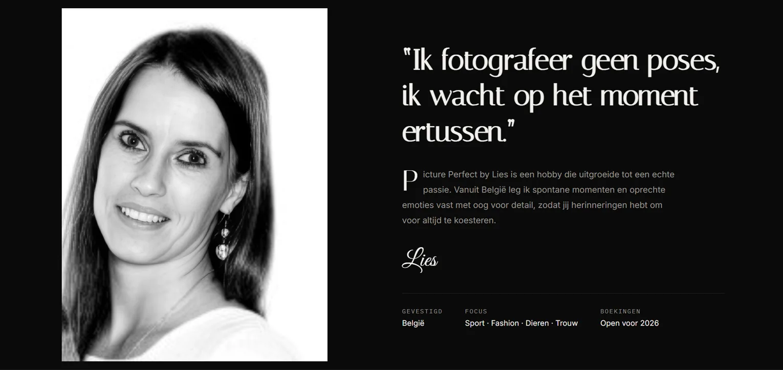 Website Picture Perfect — oversectie met portret en uitgelichte quote
