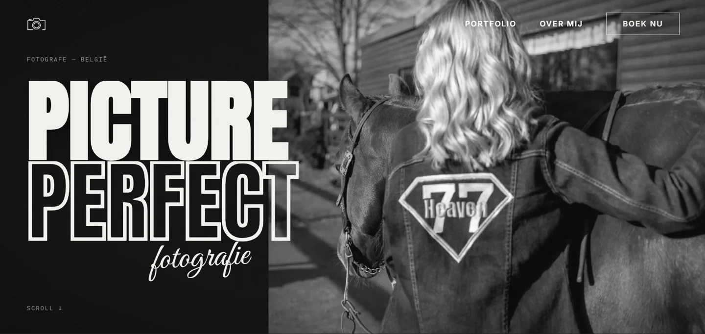 Website Picture Perfect — gesplitste hero met het woordmerk naast een zwart-witfoto